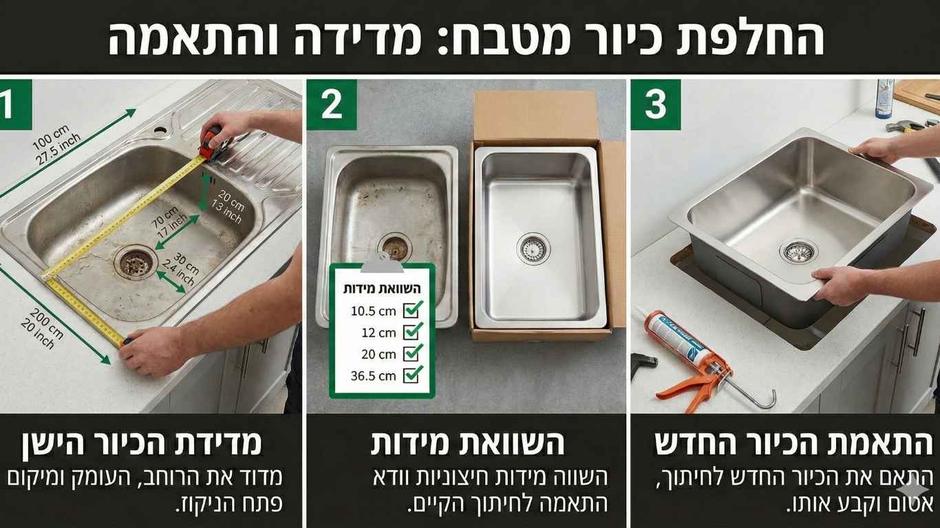 החלפת כיור מטבח מדידה והתאמה החלפת כיור מטבח מדידה והתאמה